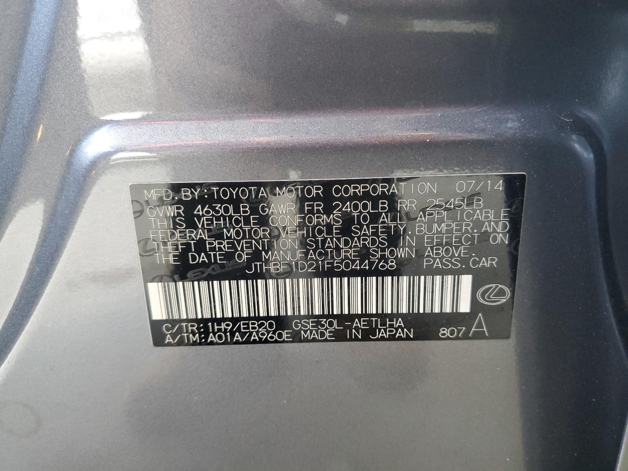2015 Lexus Is 250 VIN: JTHBF1D21F5044768 Lot: 64726365