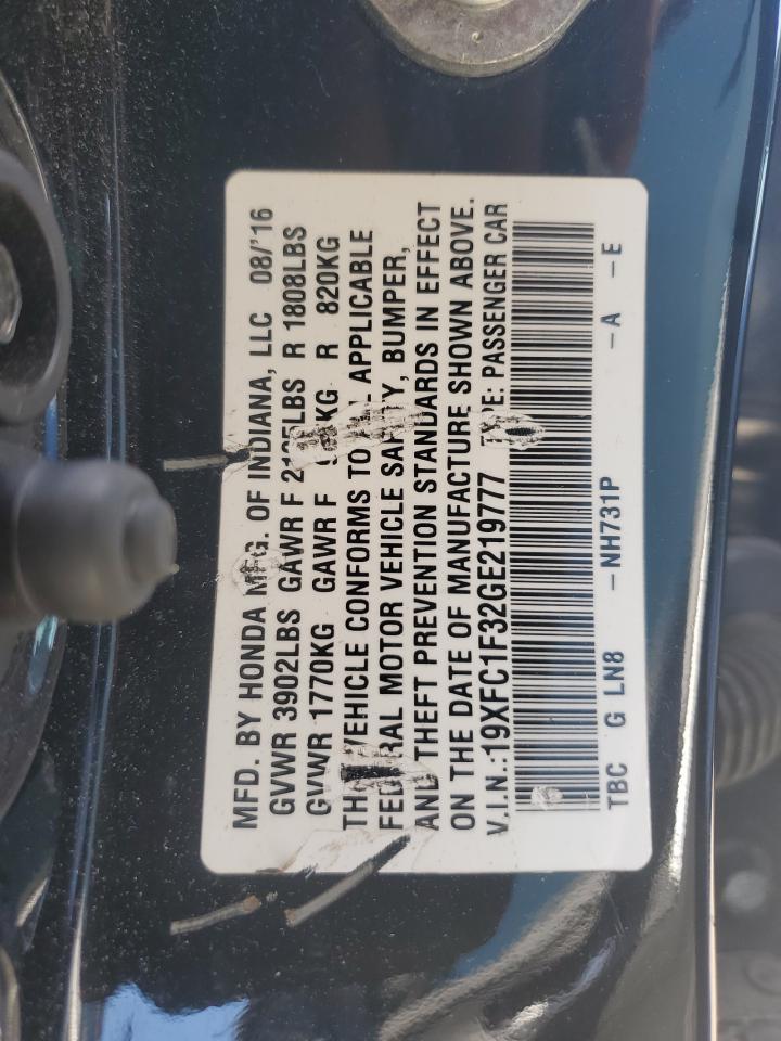 2016 Honda Civic Ex VIN: 19XFC1F32GE219777 Lot: 61899095