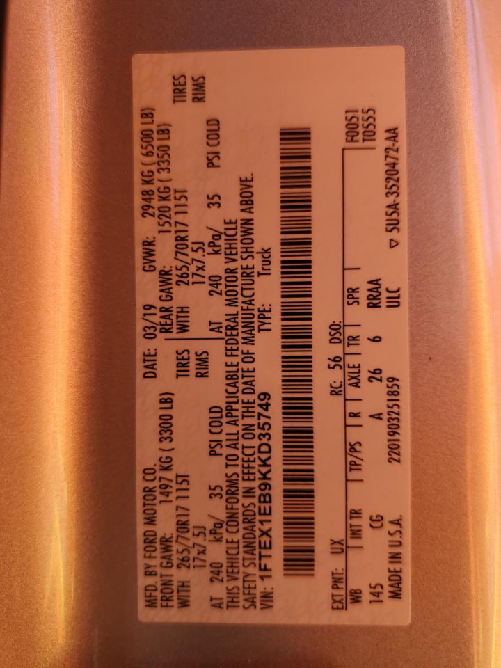 2019 Ford F150 Super Cab VIN: 1FTEX1EB9KKD35749 Lot: 66923935