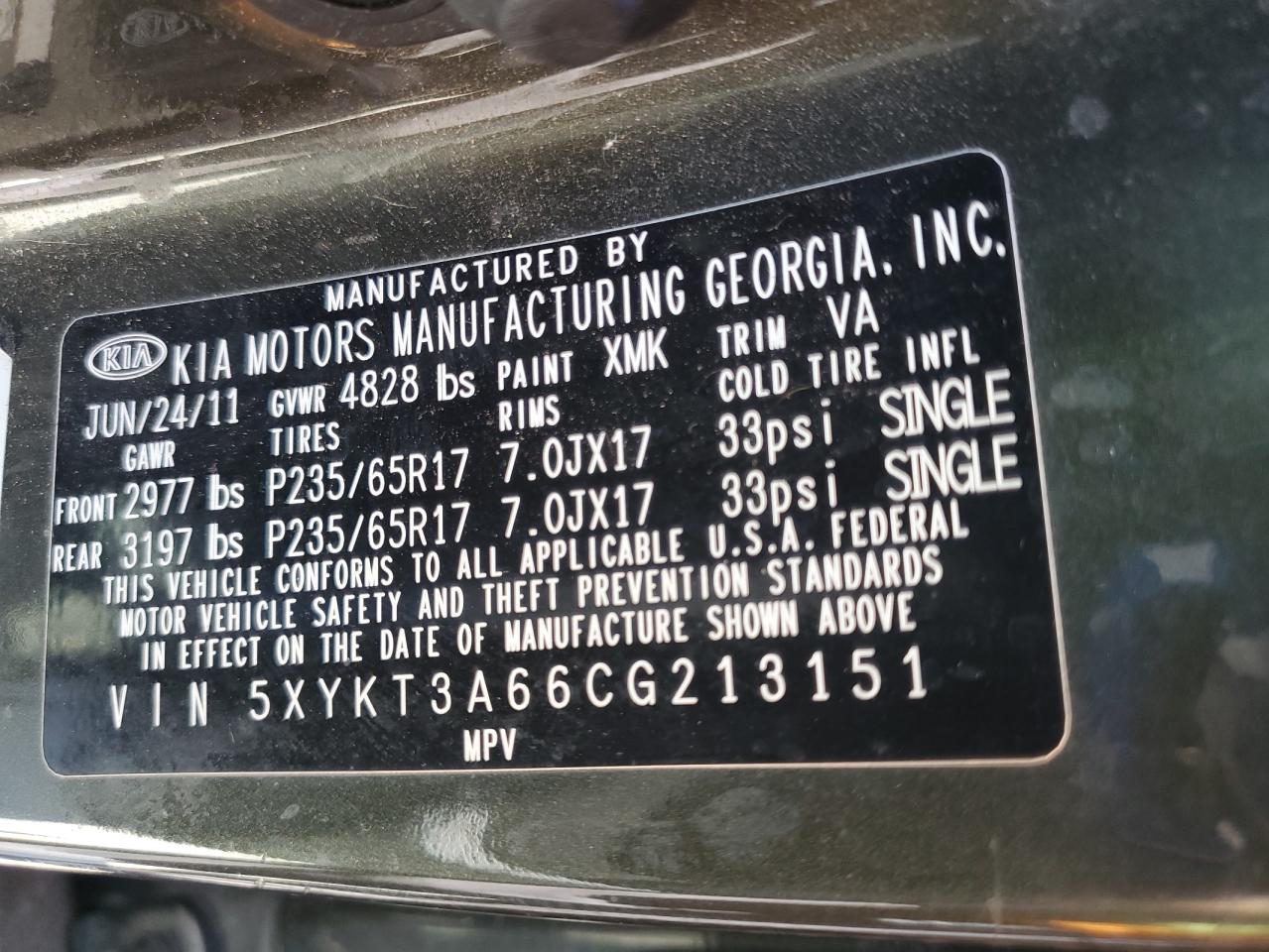 2012 Kia Sorento Base VIN: 5XYKT3A66CG213151 Lot: 64269095