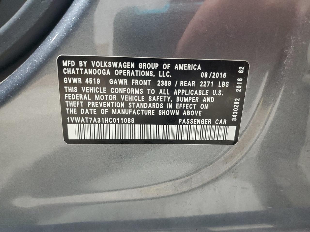 2017 Volkswagen Passat S VIN: 1VWAT7A31HC011089 Lot: 63859495