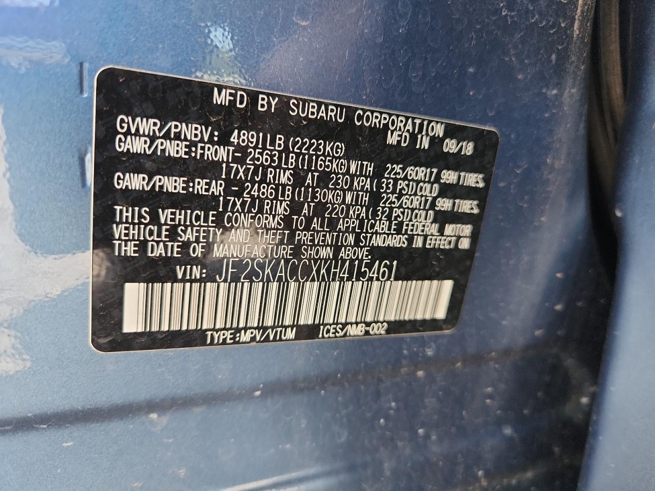 2019 Subaru Forester VIN: JF2SKACCXKH415461 Lot: 64479795