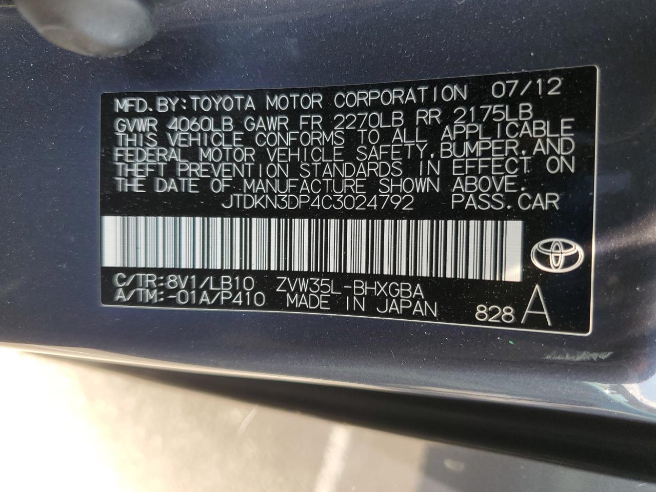 2012 Toyota Prius Plug-In VIN: JTDKN3DP4C3024792 Lot: 65277165
