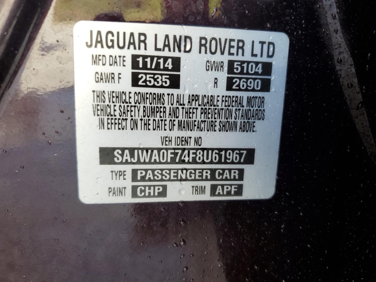2015 Jaguar Xf 3.0 Sport VIN: SAJWA0F74F8U61967 Lot: 65224995