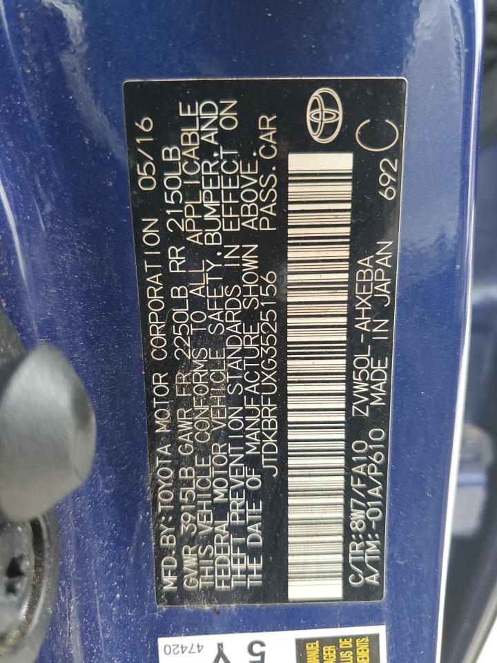 2016 Toyota Prius VIN: JTDKBRFUXG3525156 Lot: 64690025