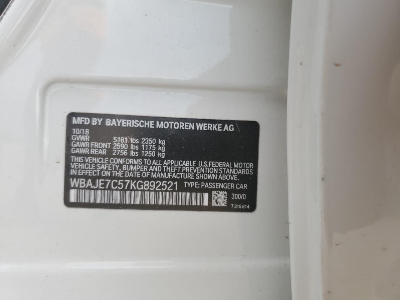 2019 BMW 540 Xi VIN: WBAJE7C57KG892521 Lot: 66200935