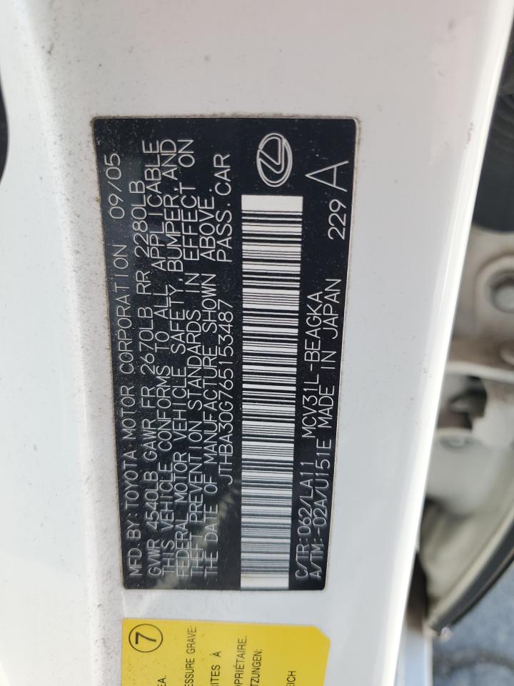 2006 Lexus Es 330 VIN: JTHBA30G765153487 Lot: 63630565