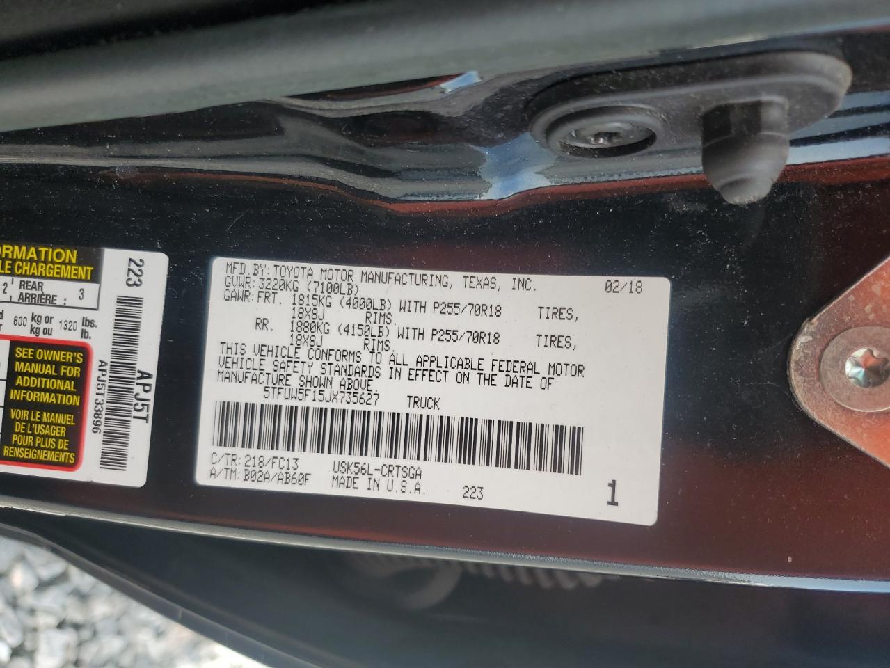2018 Toyota Tundra Double Cab Sr VIN: 5TFUW5F15JX735627 Lot: 62729305