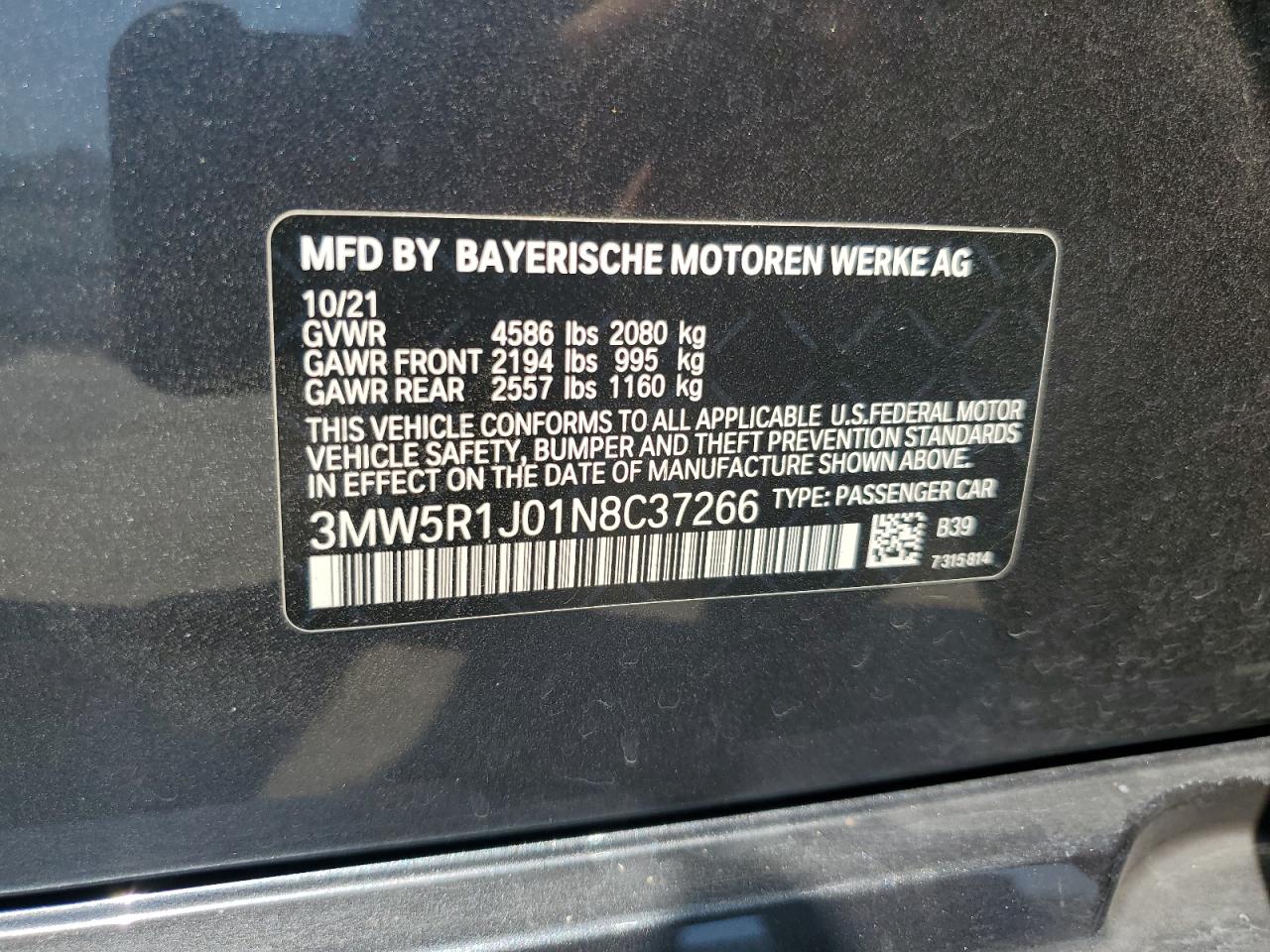2022 BMW 330I VIN: 3MW5R1J01N8C37266 Lot: 64249625