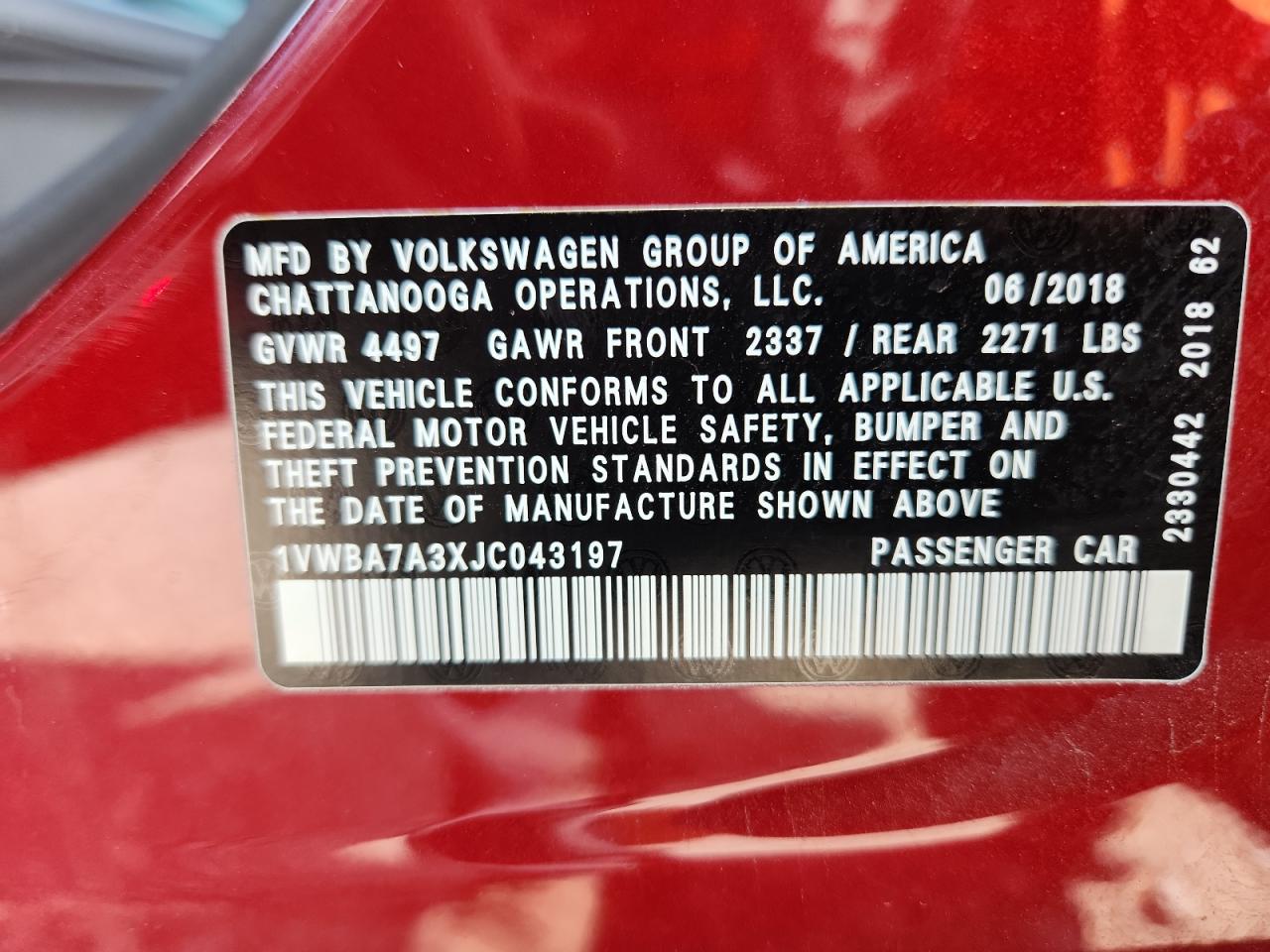 2018 Volkswagen Passat Se VIN: 1VWBA7A3XJC043197 Lot: 65136625
