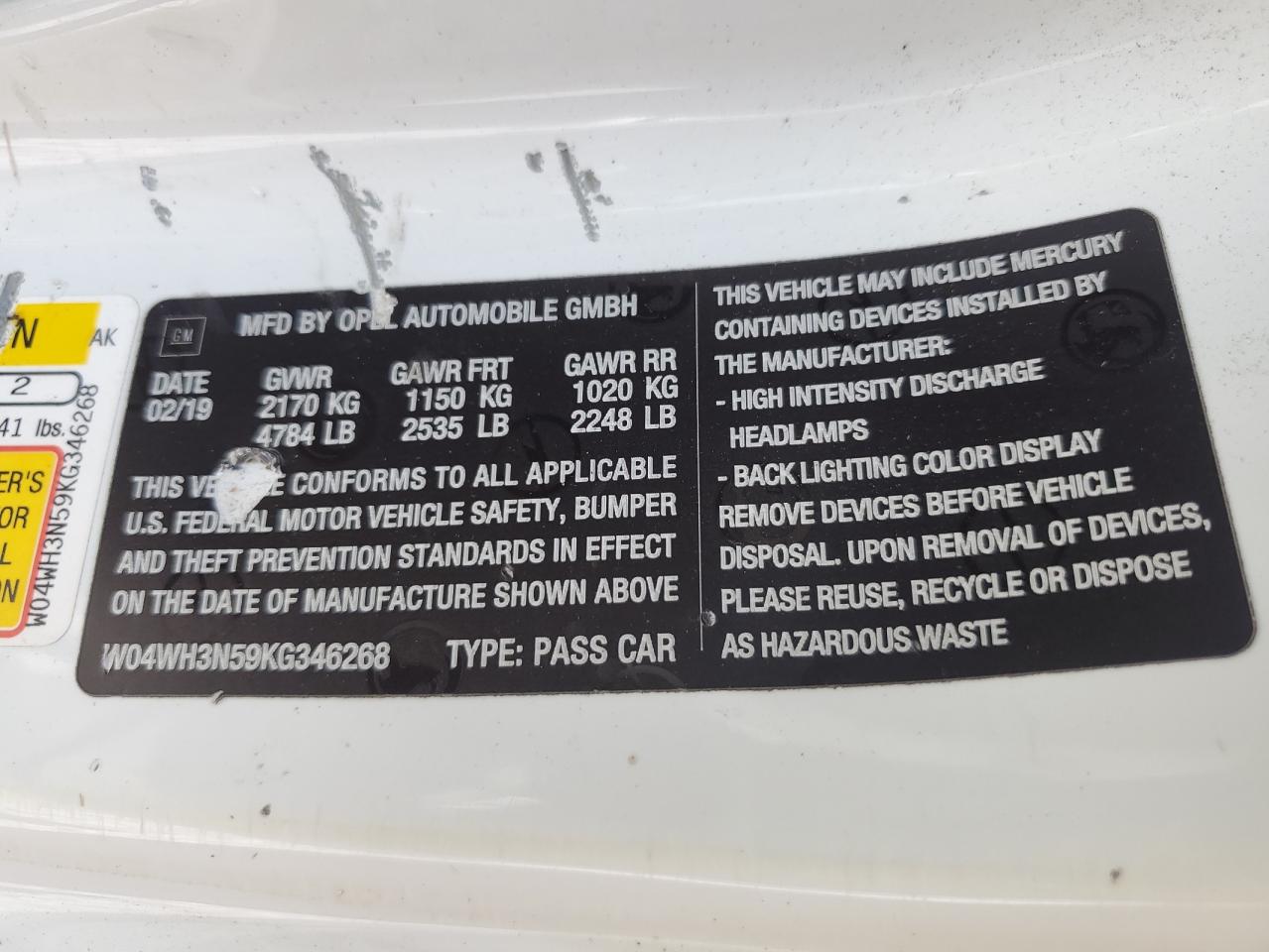w04wh3n59kg346268 W04WH3N59KG346268 2019 Buick Cascada Premium