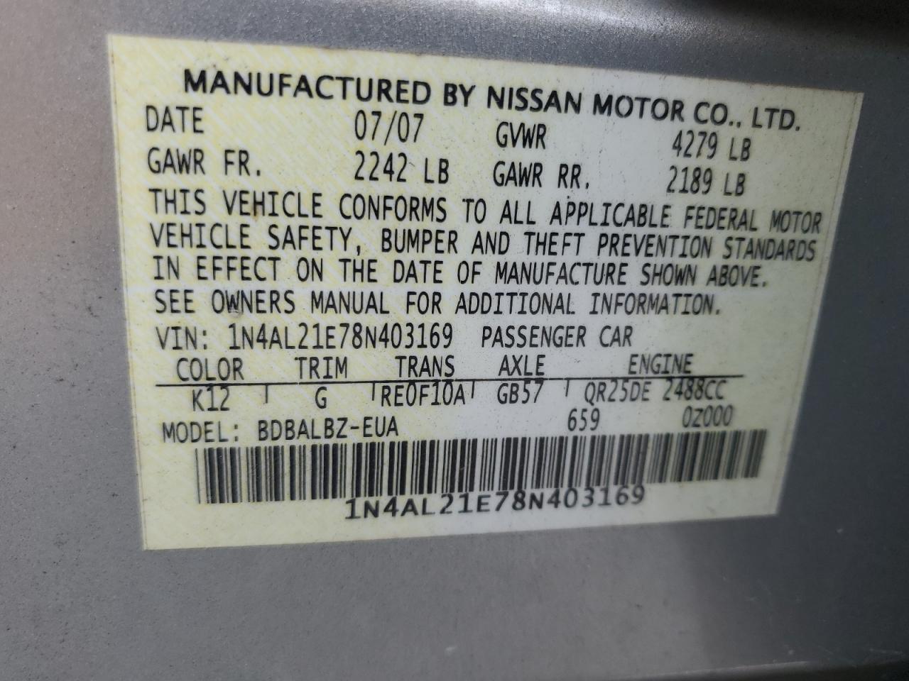 2008 Nissan Altima 2.5 VIN: 1N4AL21E78N403169 Lot: 64906505