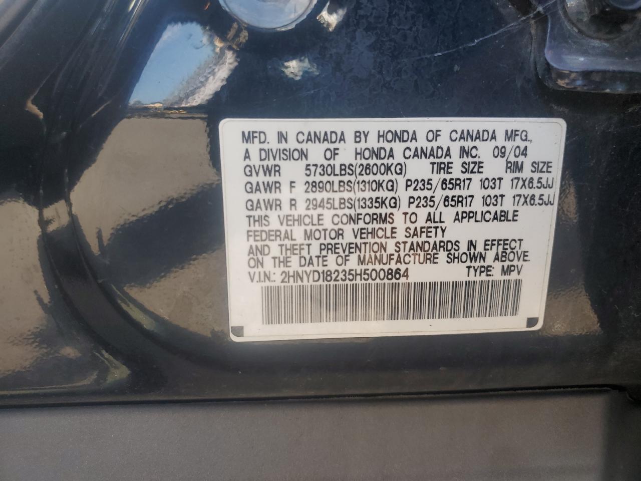 2005 Acura Mdx VIN: 2HNYD18235H500864 Lot: 65114075