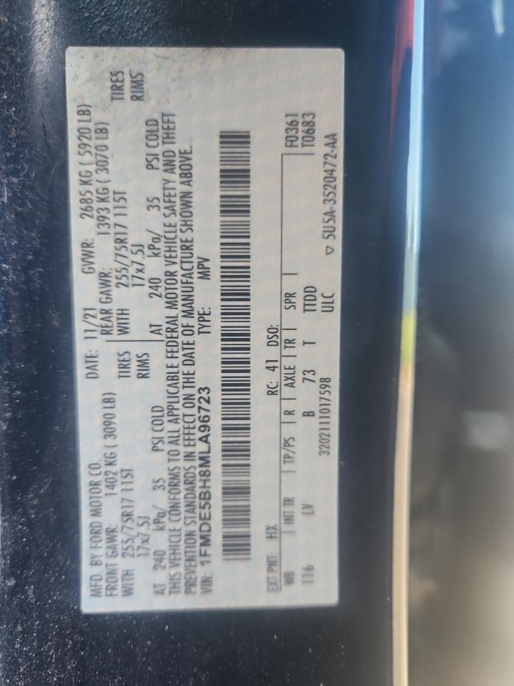 2021 Ford Bronco Base VIN: 1FMDE5BH8MLA96723 Lot: 63326545