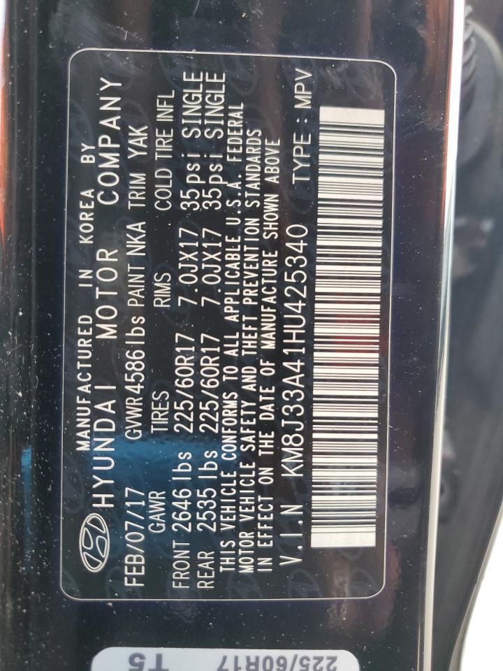 2017 Hyundai Tucson Limited VIN: KM8J33A41HU425340 Lot: 66906695