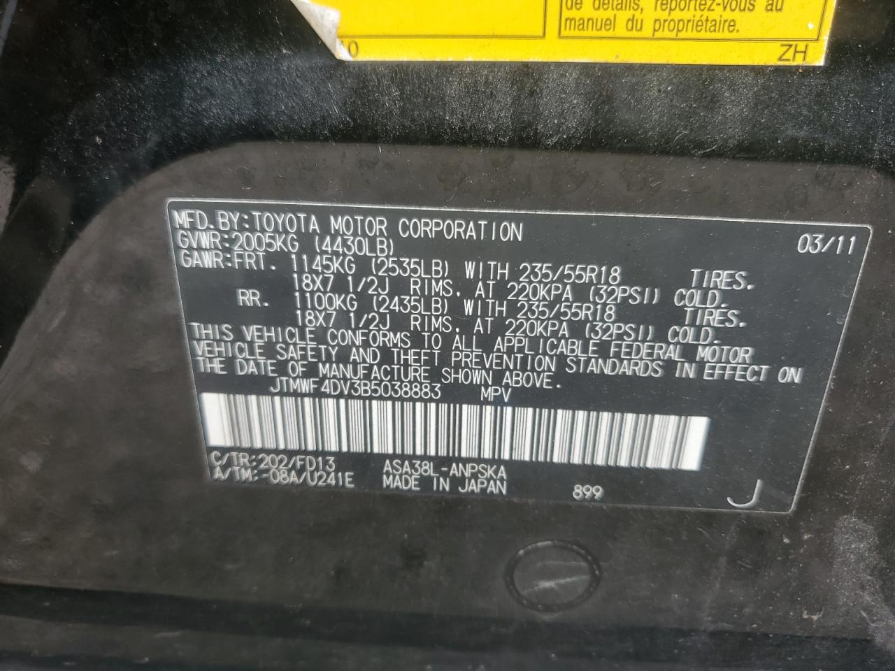 2011 Toyota Rav4 Sport VIN: JTMWF4DV3B5038883 Lot: 64454935