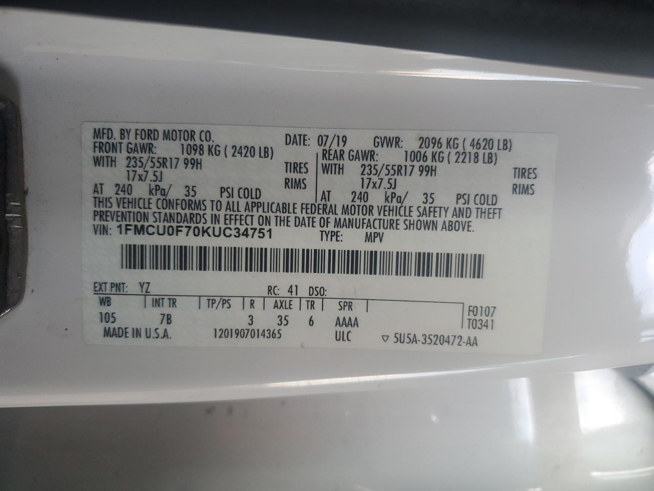 2019 Ford Escape S VIN: 1FMCU0F70KUC34751 Lot: 65394855
