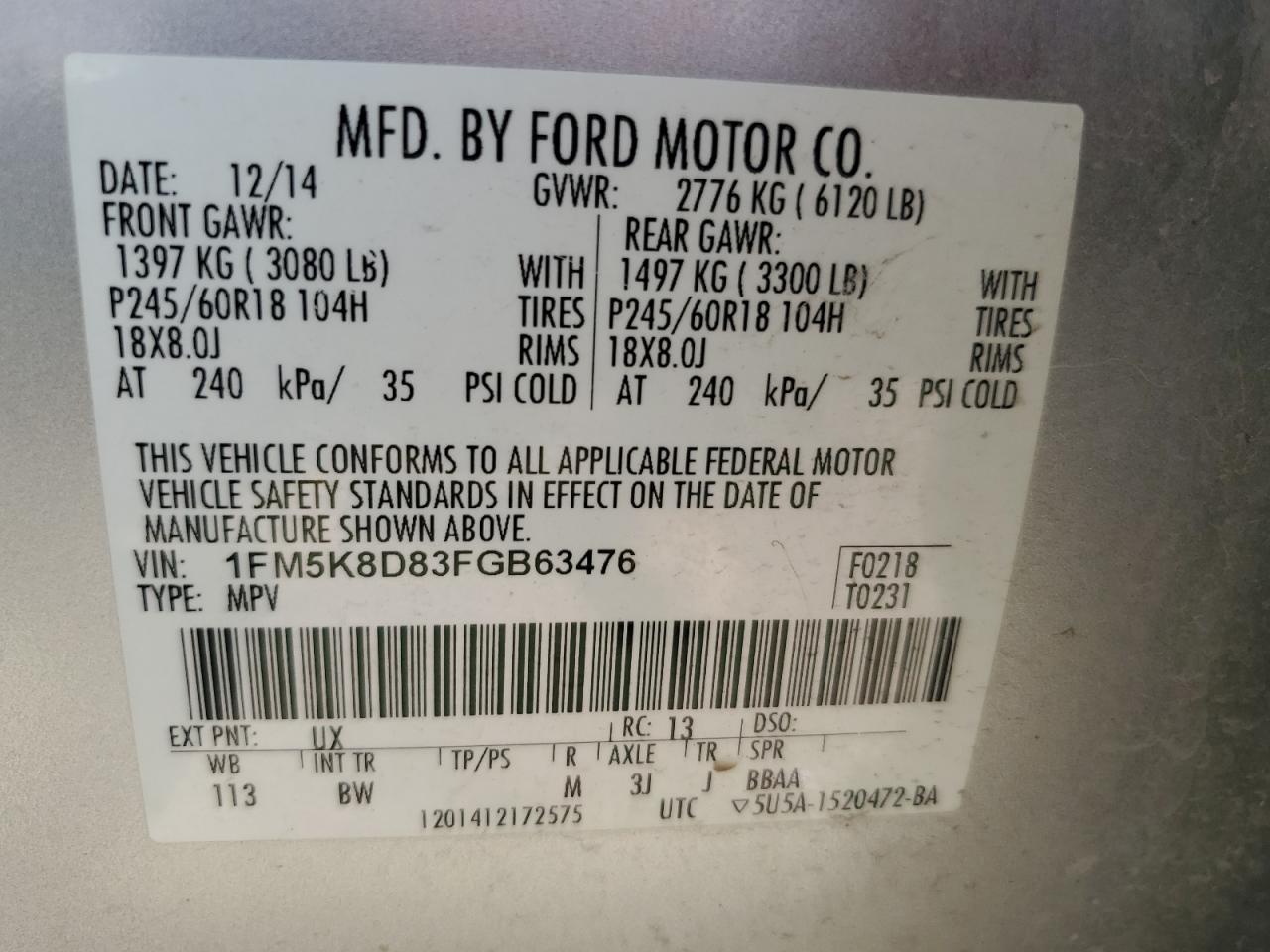 2015 Ford Explorer Xlt VIN: 1FM5K8D83FGB63476 Lot: 65268935