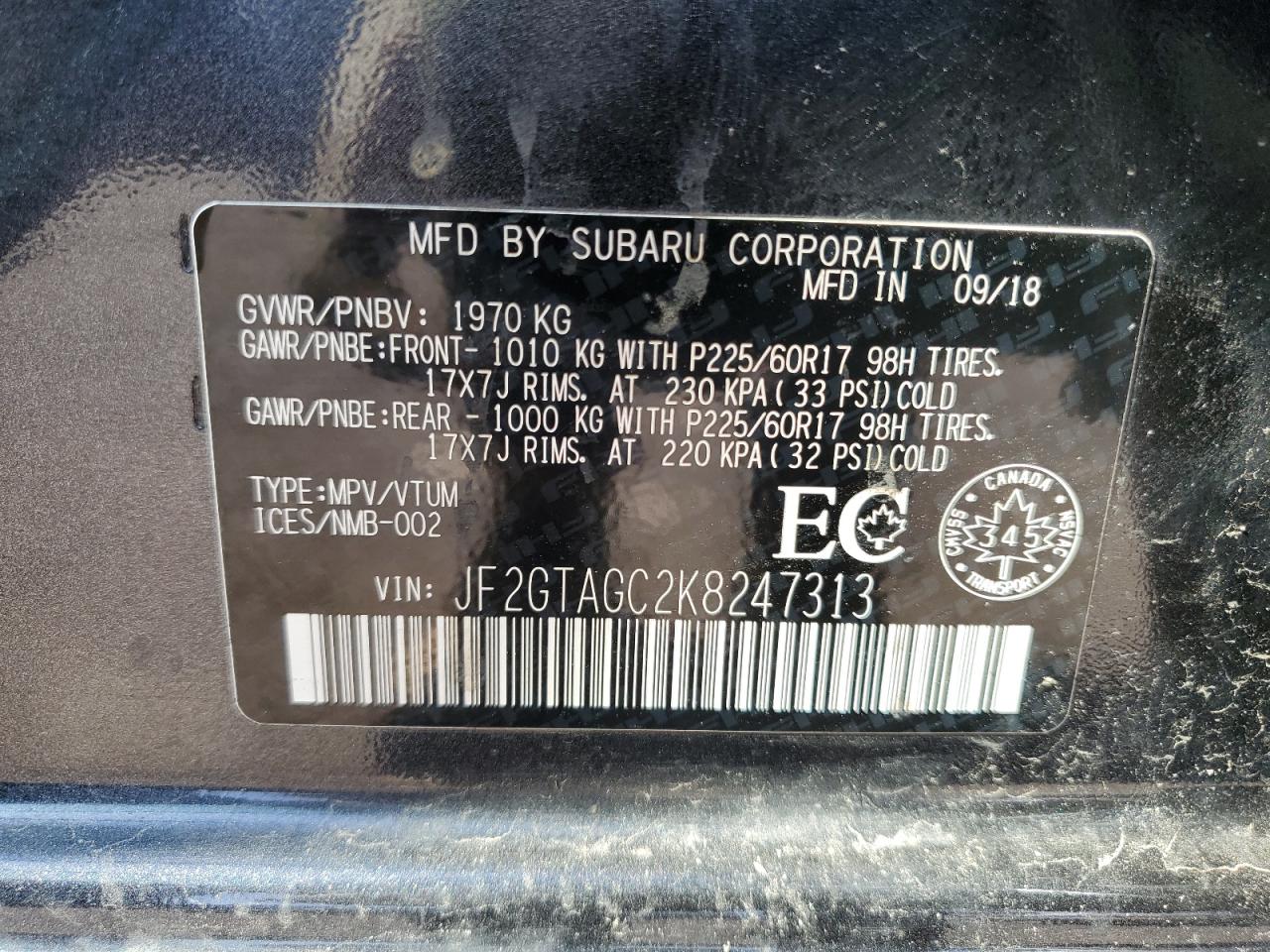 2019 Subaru Crosstrek Premium VIN: JF2GTAGC2K8247313 Lot: 65384425