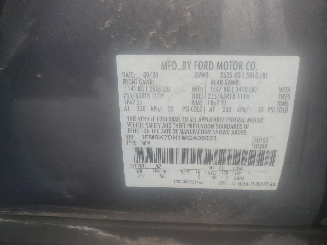 2021 Ford Explorer Xlt VIN: 1FMSK7DH1MGA06023 Lot: 63445995