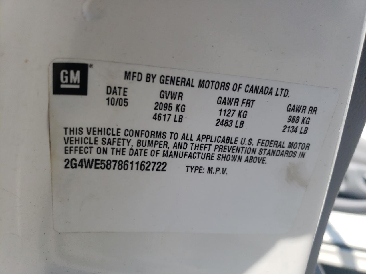 2006 Buick Lacrosse Cxs VIN: 2G4WE587861162722 Lot: 63867065