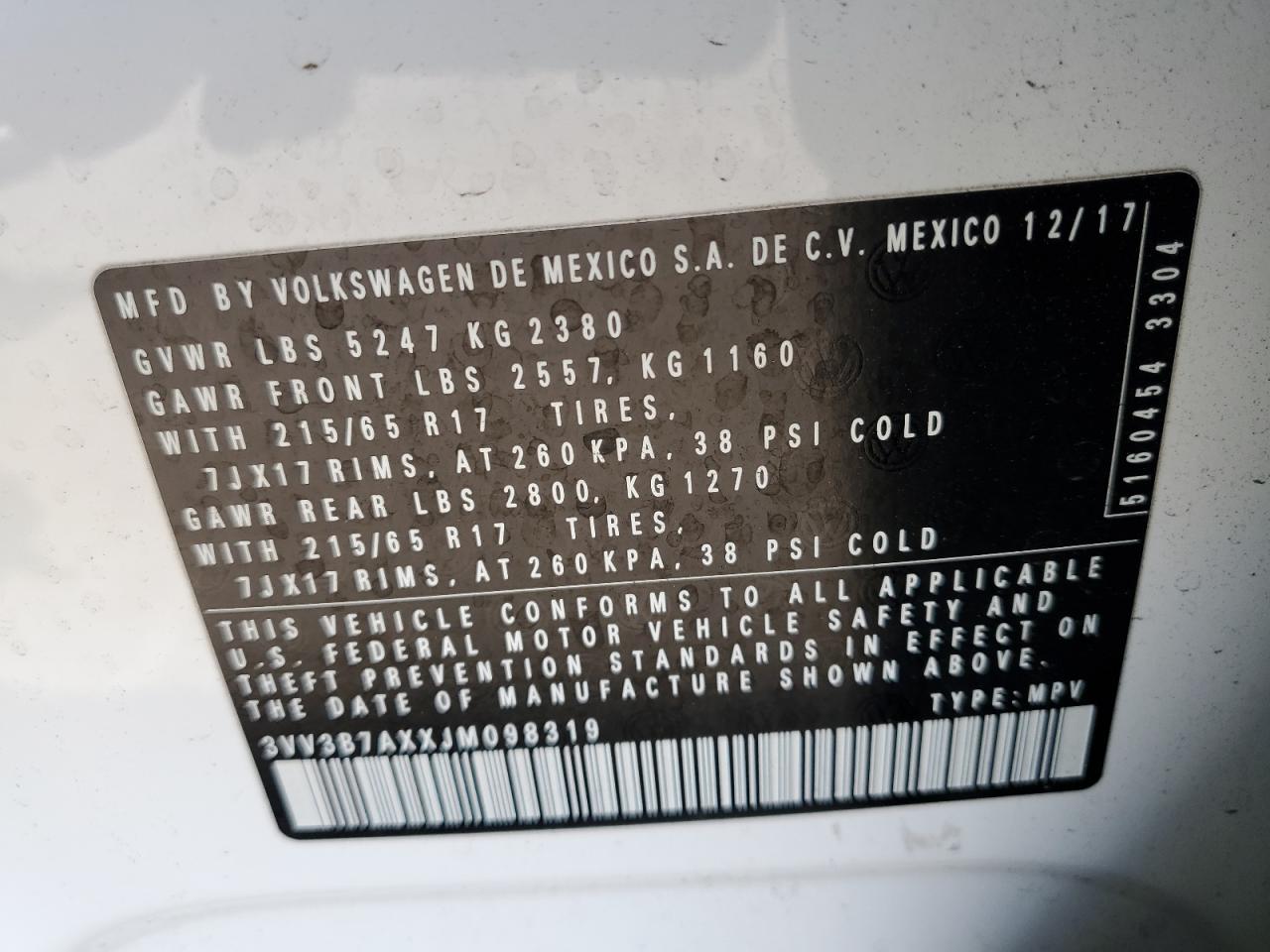 2018 Volkswagen Tiguan Se VIN: 3VV3B7AXXJM098319 Lot: 64992065