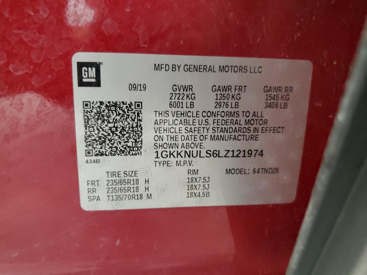 2020 GMC Acadia Slt VIN: 1GKKNULS6LZ121974 Lot: 64506775