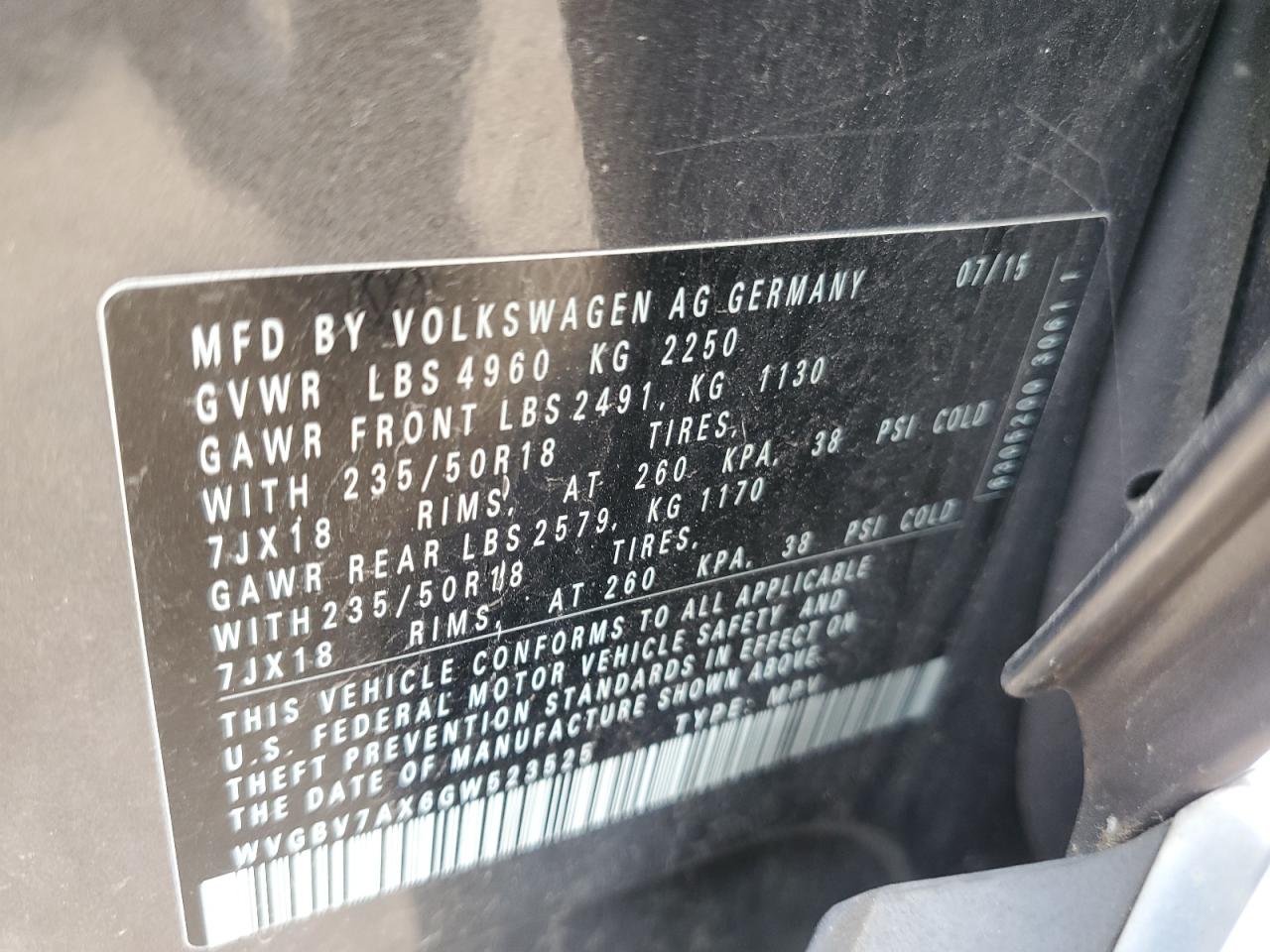 2016 Volkswagen Tiguan S VIN: WVGBV7AX6GW523525 Lot: 64114715