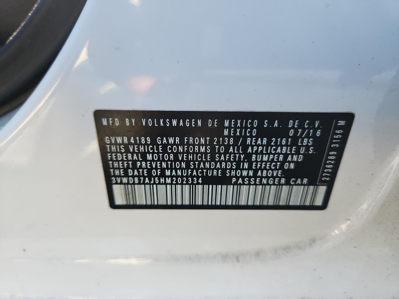 2017 Volkswagen Jetta Se VIN: 3VWDB7AJ5HM202334 Lot: 65550745