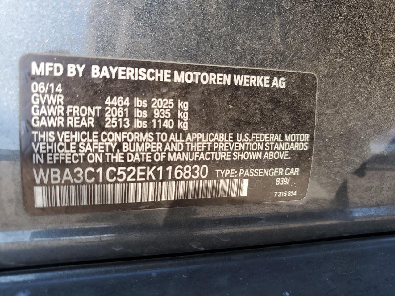 2014 BMW 328 I Sulev VIN: WBA3C1C52EK116830 Lot: 65285075