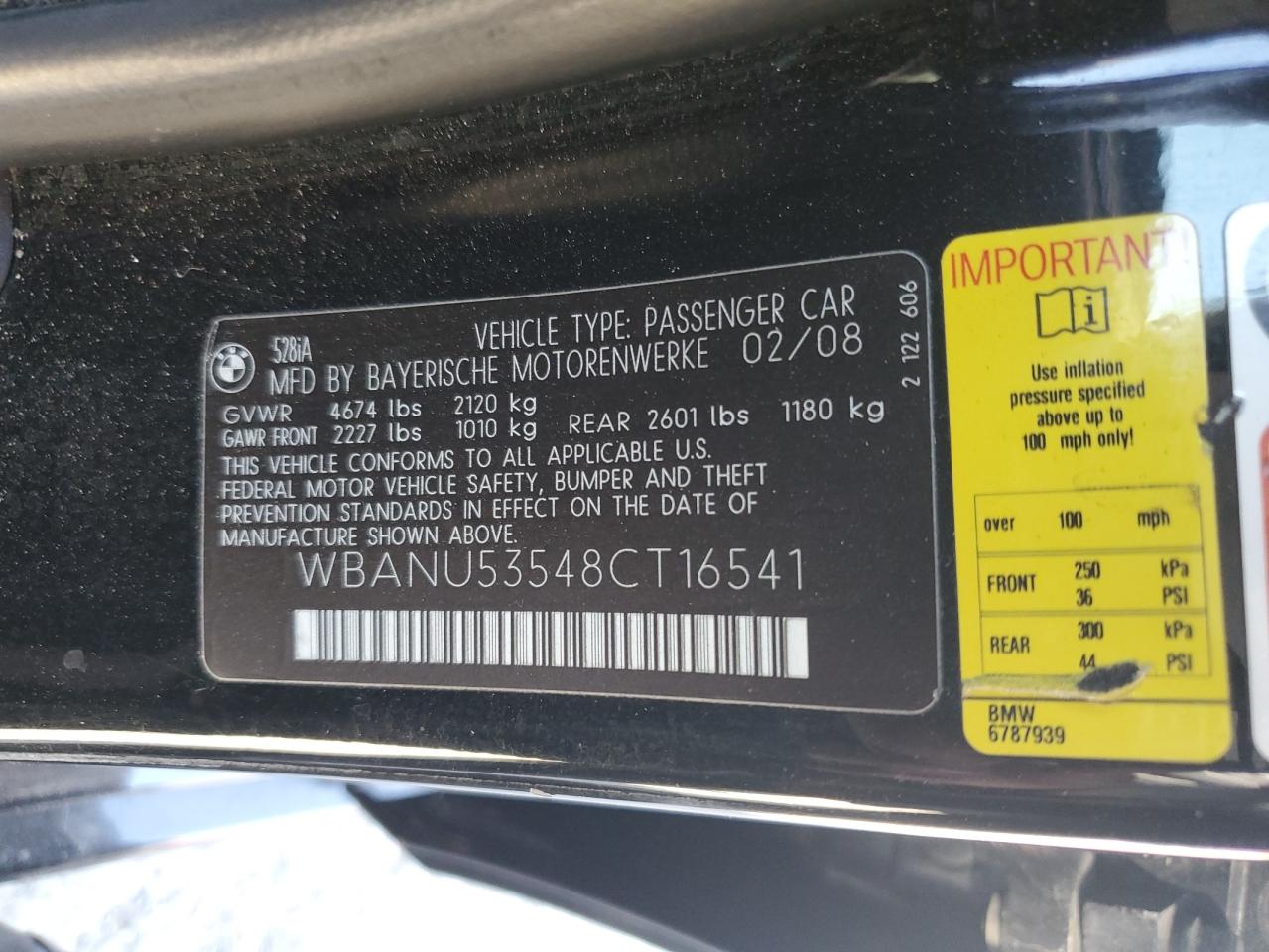 2008 BMW 528 I VIN: WBANU53548CT16541 Lot: 64079155