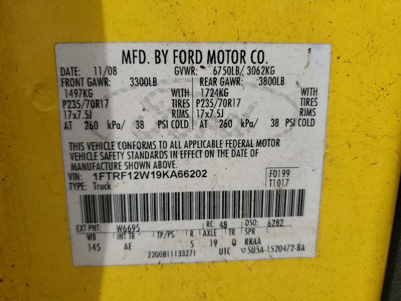 2009 Ford F150 VIN: 1FTRF12W19KA66202 Lot: 67158055