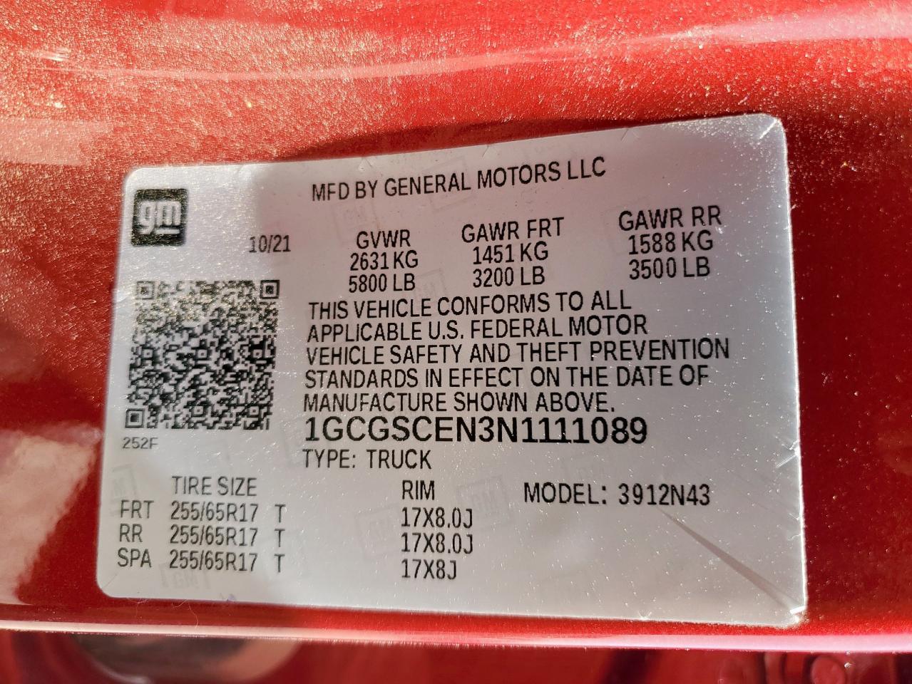 2022 Chevrolet Colorado Lt VIN: 1GCGSCEN3N1111089 Lot: 63657575