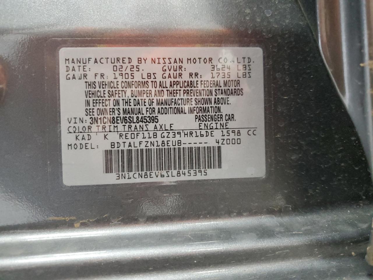 2025 Nissan Versa Sv VIN: 3N1CN8EV6SL845395 Lot: 63821825