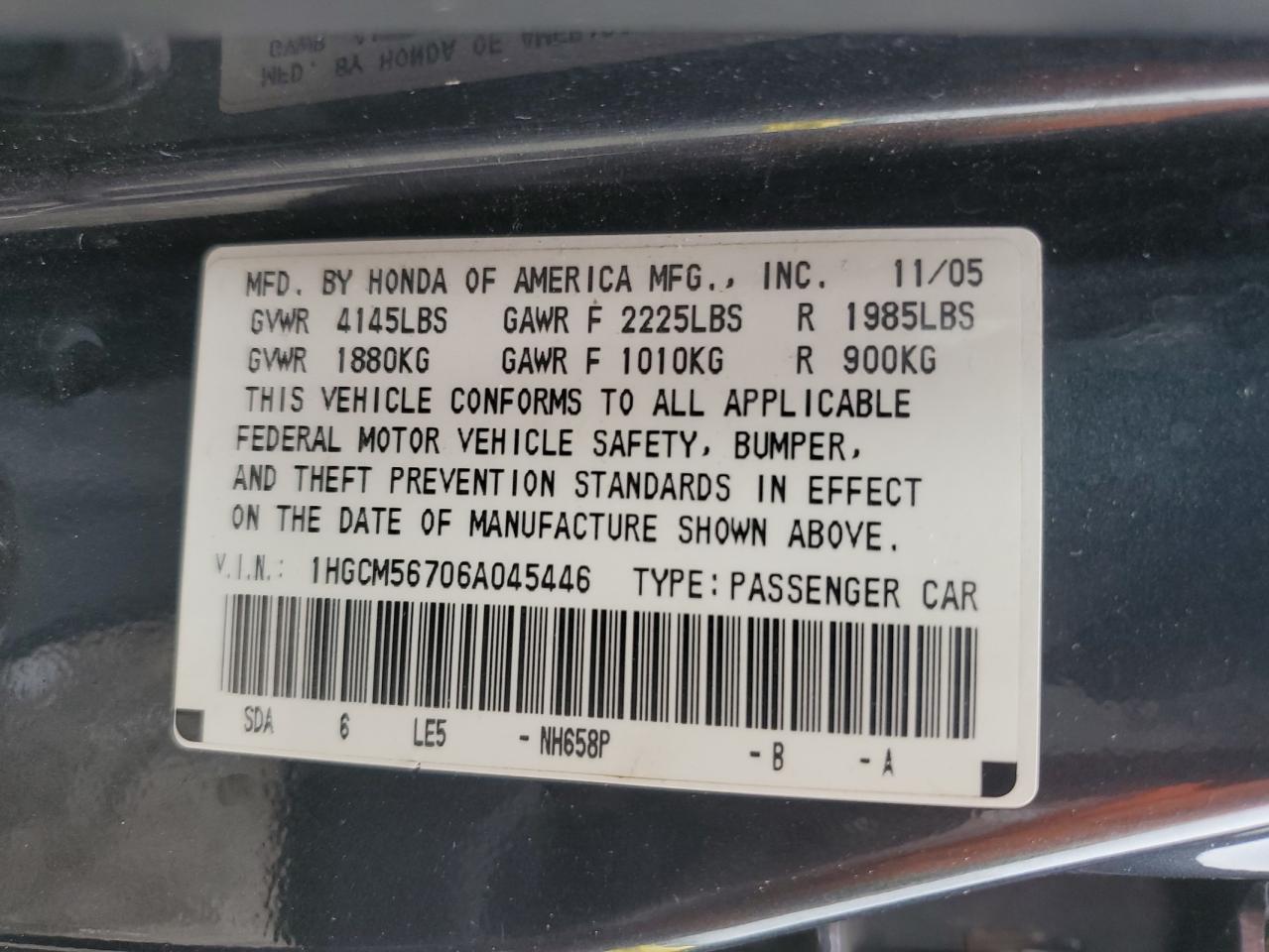2006 Honda Accord Ex VIN: 1HGCM56706A045446 Lot: 64381215