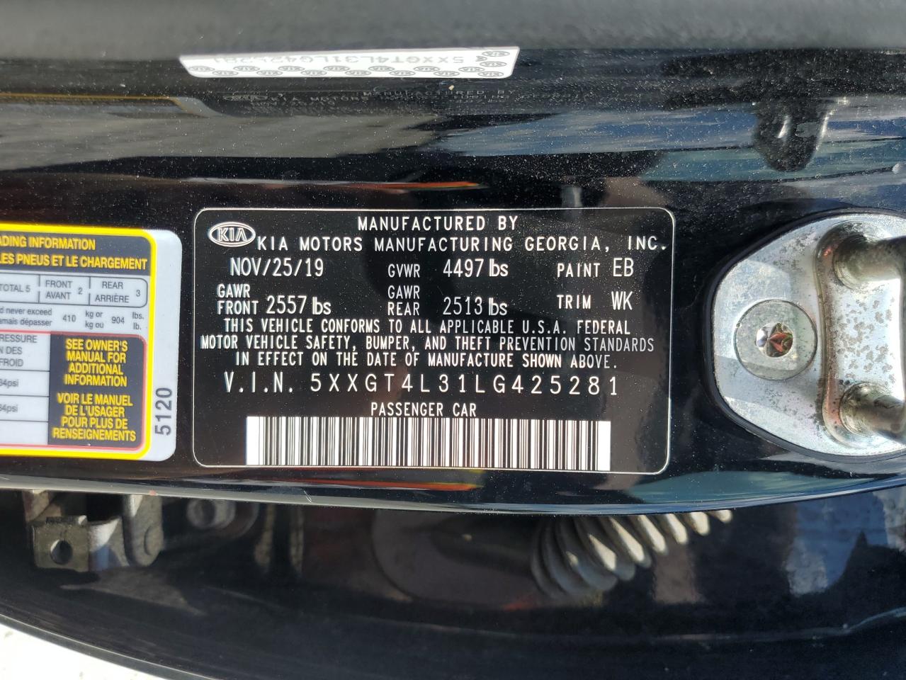 2020 Kia Optima Lx VIN: 5XXGT4L31LG425281 Lot: 62940155