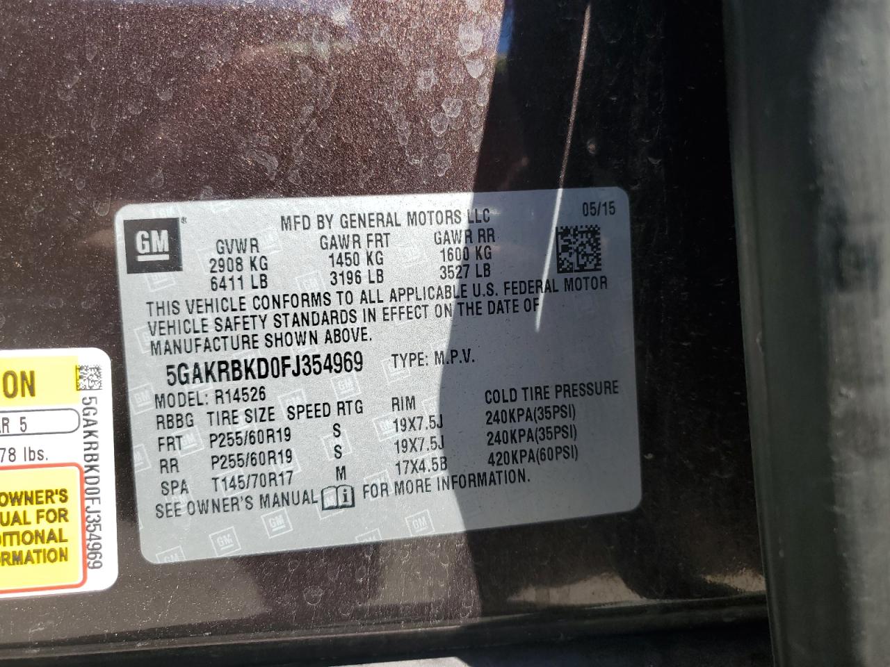 2015 Buick Enclave VIN: 5GAKRBKD0FJ354969 Lot: 66379575