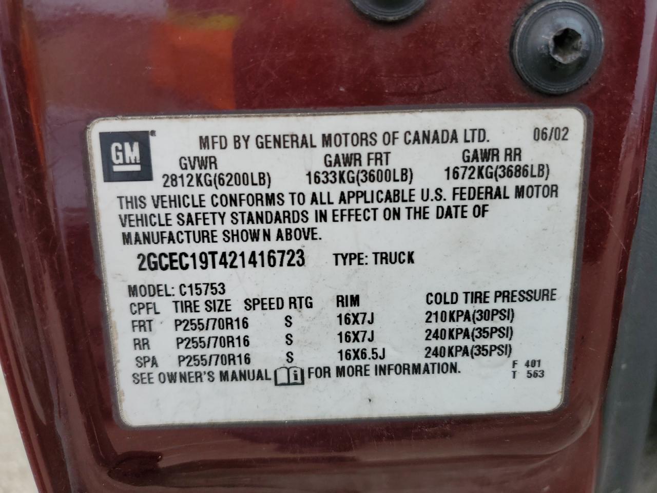 2002 Chevrolet Silverado C1500 VIN: 2GCEC19T421416723 Lot: 65063645