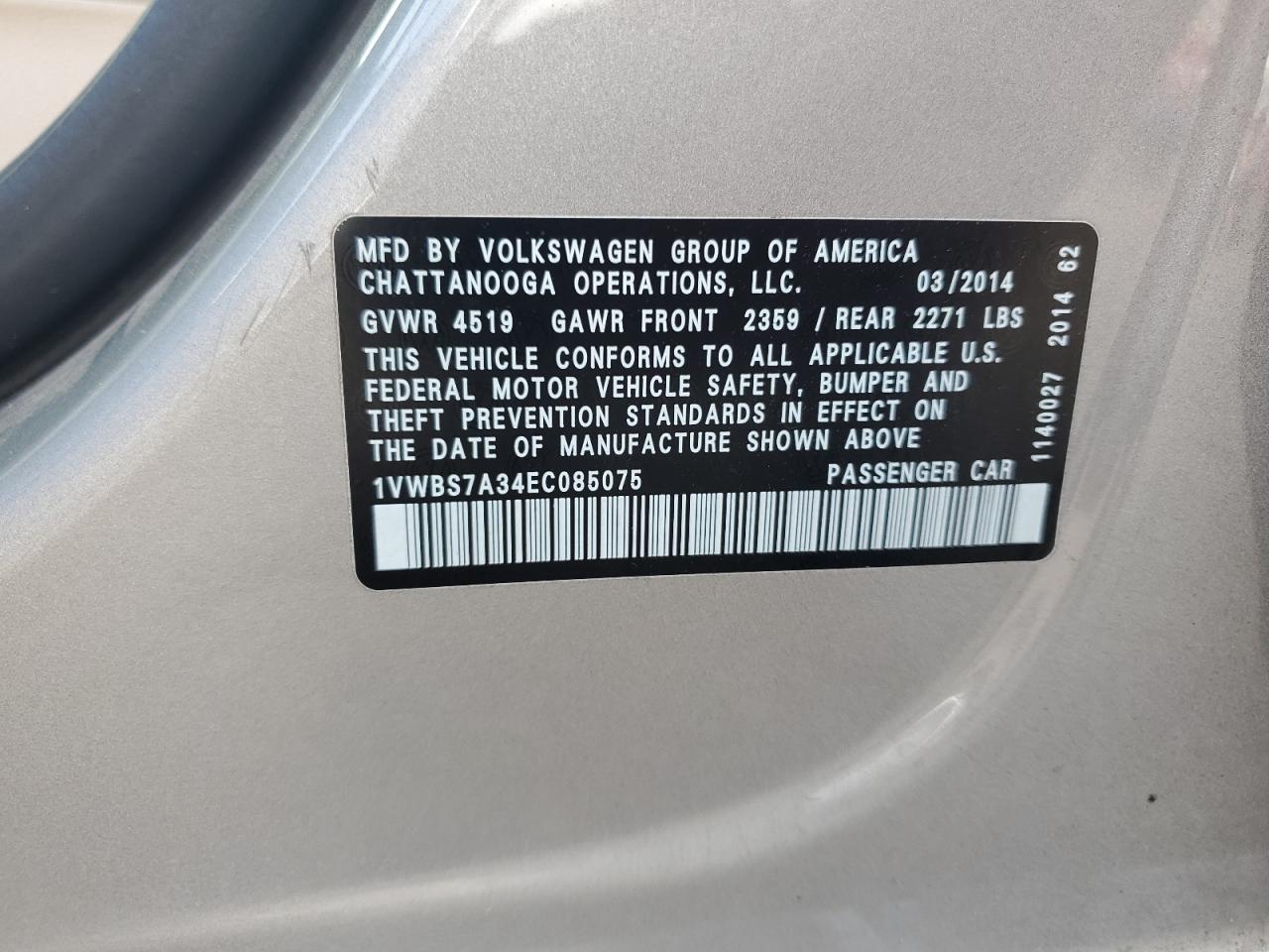 2014 Volkswagen Passat Se VIN: 1VWBS7A34EC085075 Lot: 65389105