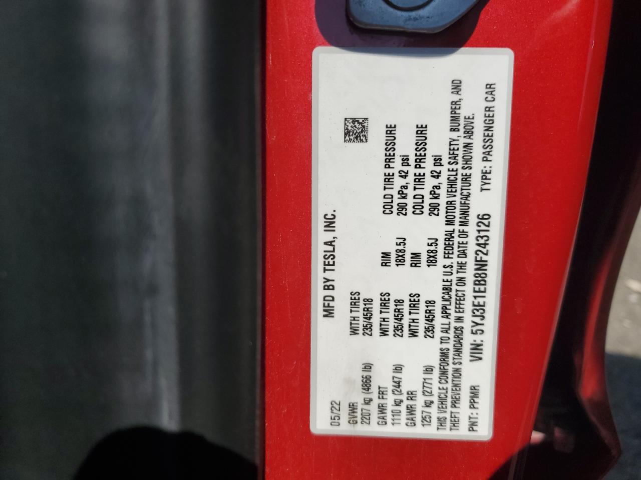 2022 Tesla Model 3 VIN: 5YJ3E1EB8NF243126 Lot: 65444405