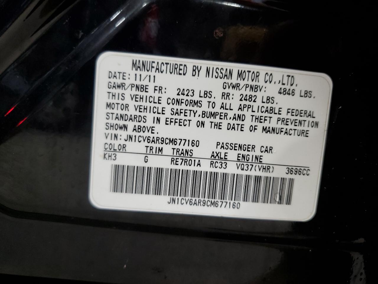 2012 Infiniti G37 VIN: JN1CV6AR9CM677160 Lot: 65280015