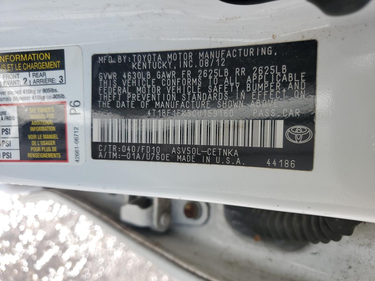 2012 Toyota Camry Base VIN: 4T1BF1FK5CU159160 Lot: 64467915
