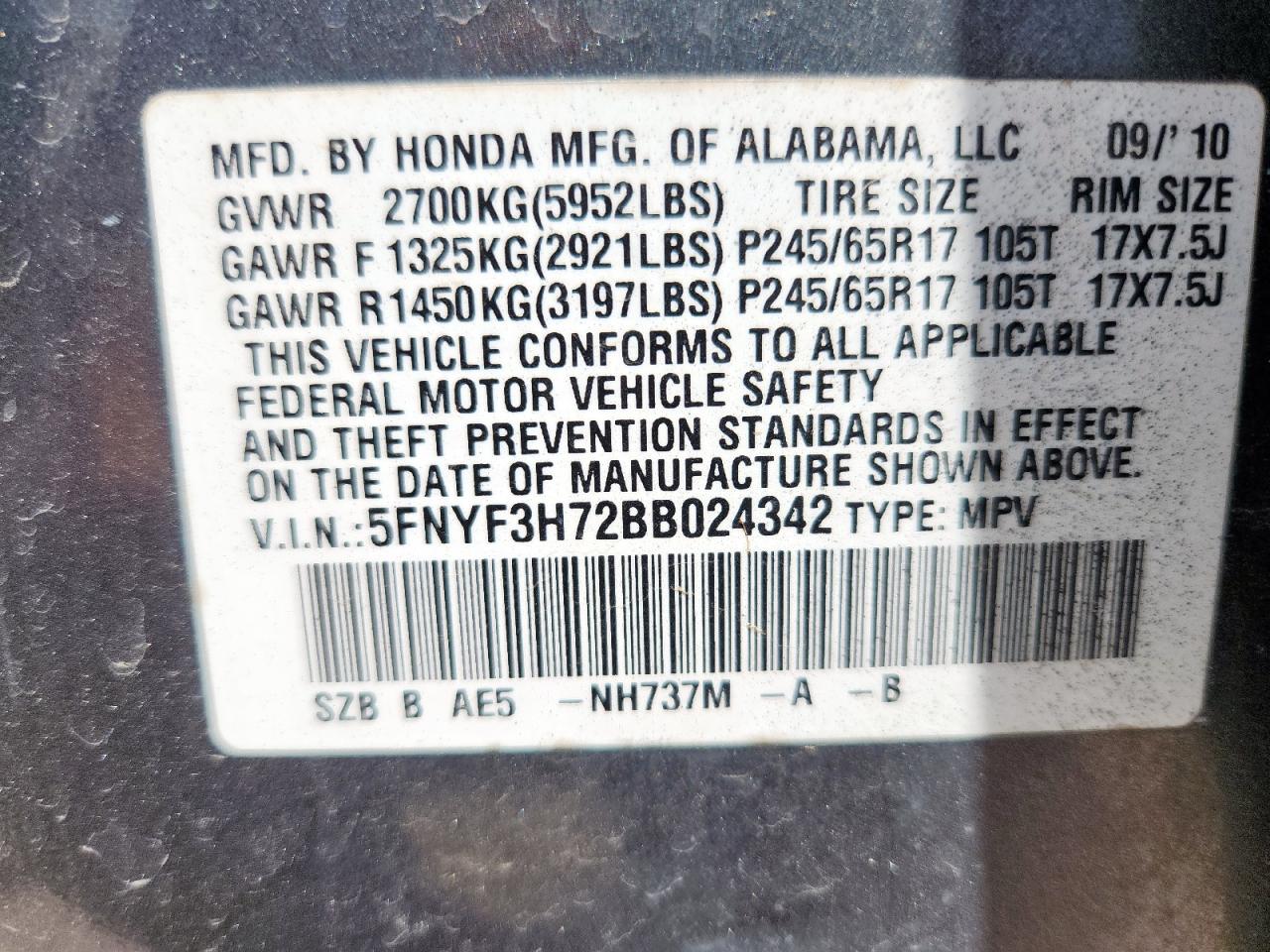 2011 Honda Pilot Exln VIN: 5FNYF3H72BB024342 Lot: 65326915