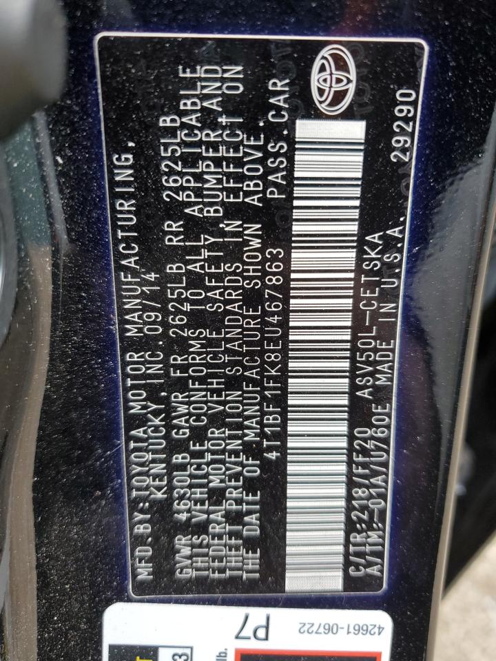 2014 Toyota Camry L VIN: 4T1BF1FK8EU467863 Lot: 64906675