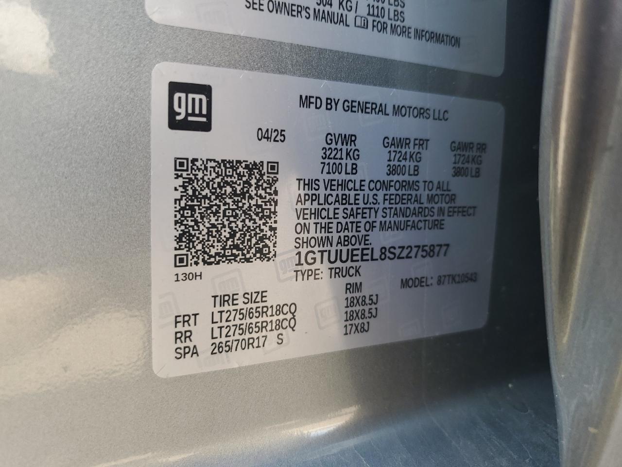 2025 GMC Sierra K1500 At4 VIN: 1GTUUEEL8SZ275877 Lot: 62586685