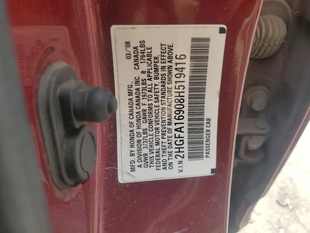 2008 Honda Civic Exl VIN: 2HGFA16908H519416 Lot: 65060095