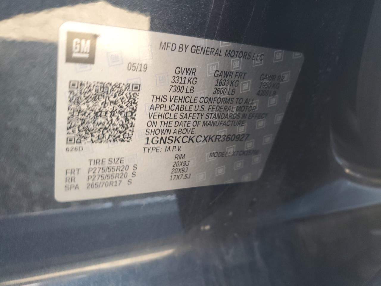2019 Chevrolet Tahoe K1500 Premier VIN: 1GNSKCKCXKR360927 Lot: 64022375