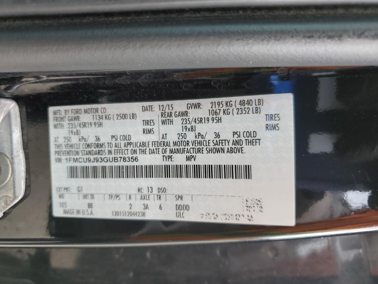 2016 Ford Escape Titanium VIN: 1FMCU9J93GUB78356 Lot: 64264715