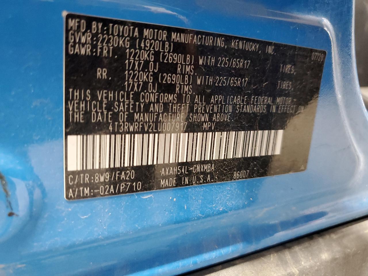 2020 Toyota Rav4 Xle VIN: 4T3RWRFV2LU007917 Lot: 63334475