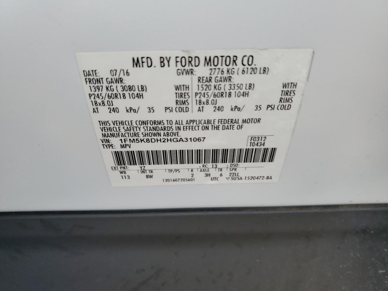 2017 Ford Explorer Xlt VIN: 1FM5K8DH2HGA31067 Lot: 64751005